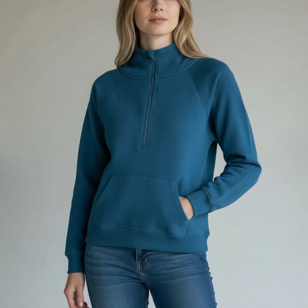 Member’s Mark Ribbed Half Zip Hoodie SMALL - Color Blue / Teal - Thumbholes NWT